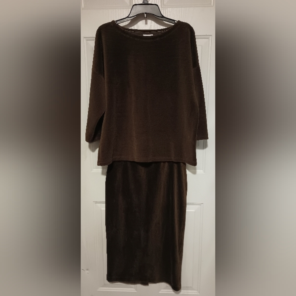 J Jill Crushed Velvet Ribbed Sweater Top Pencil Skirt Deep Green 2 Pc Set Sz M